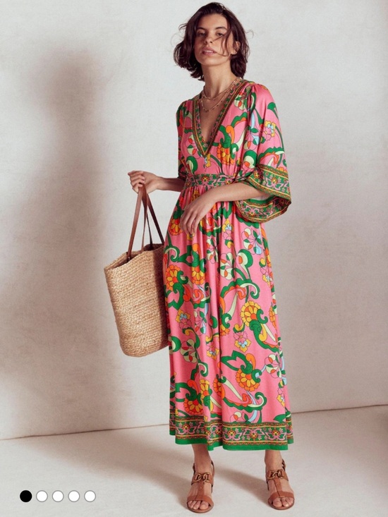 Boden Dresses & Skirts - Boden Maya Pink Floral Kimono Maxi Jersey Dress 1970s Accents